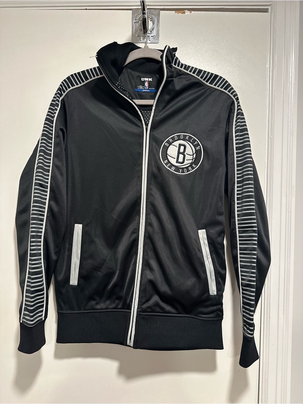 Brooklyn Nets Black Track Jacket with Striped Sleeve Detail